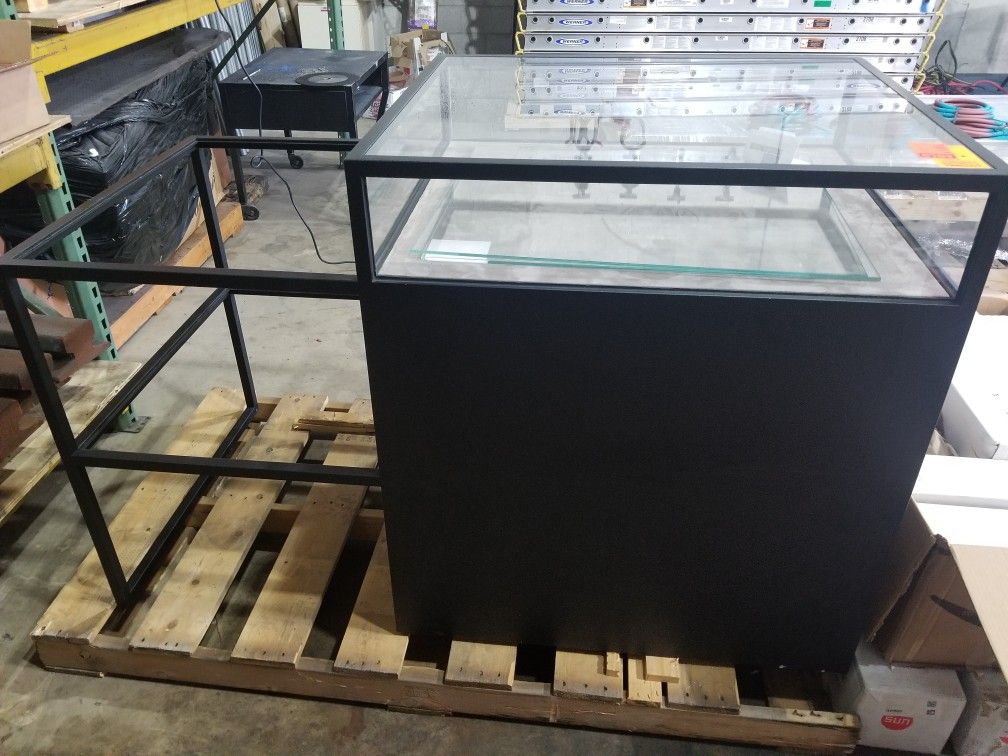 Heavy duty metal and glass display with drawers and glass shelves