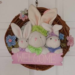 14" pastel Easter "Welcome" door wreath with bunnies $10 FIRM