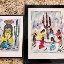 Two De Grazia  Wood Art Saguaro Dancers large one and Little Papago girl signed Wall Decorative Art