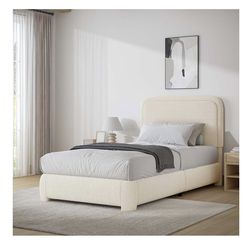 BarnFurin Twin Bed Frame, Cloud Boucle Headboard, Rounded Corners, Cream