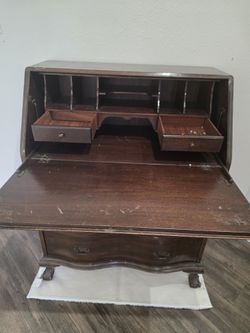 Vintage Solid Wood Secretary Desk – Drop Front, Serpentine Drawers