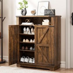 6 Tier Farmhouse Shoe Cabinet with Doors, Entryway Wooden Storage Cabinet, Adjustable Shelves