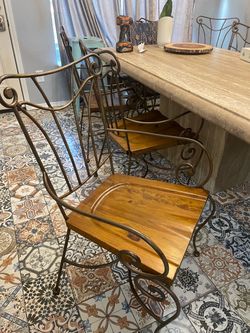 5 Wrought Iron and Wood Dining Chairs
