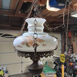 Stunning Large Antique Vtg  1950's Hanging Brass Swag Lamp Painted Glass Globe Mid-Century Modern. 18” ..asking $80.00