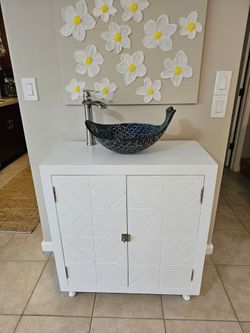 Custom Solid Wood Bathroom Vanity with Handmade Fish Vessel Sink and waterfall faucet – One-of-a-Kind!