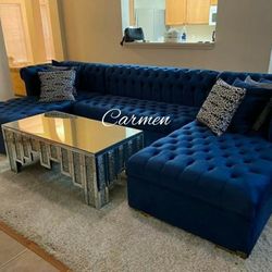 Aliana Velvet Navy Double Chaise Sectional Sofa 