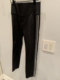 Faux Leather Leggings With Rhinestone Trim