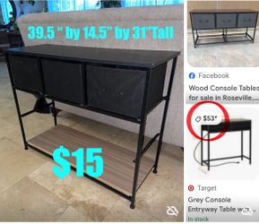 $15 Console table entryway or room with 3 draws measuring 39.5” by 14.5” by 31” tall