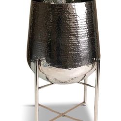 Large Hammered Finish Silver Tone 17 x 11.5 Inch Stainless Steel Planting Pot