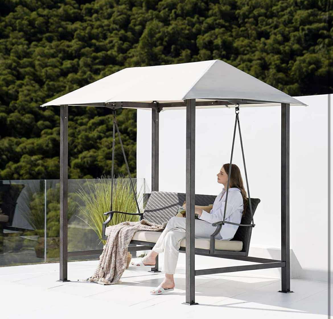 NEW- Outdoor Porch Swing with Canopy, Removable Cushion for Patio Garden Poolside, Beige