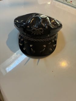 Dark In Love Black Latex Military Officer Cap – Spiked Visor Horned Skull Chain Biker Hat
