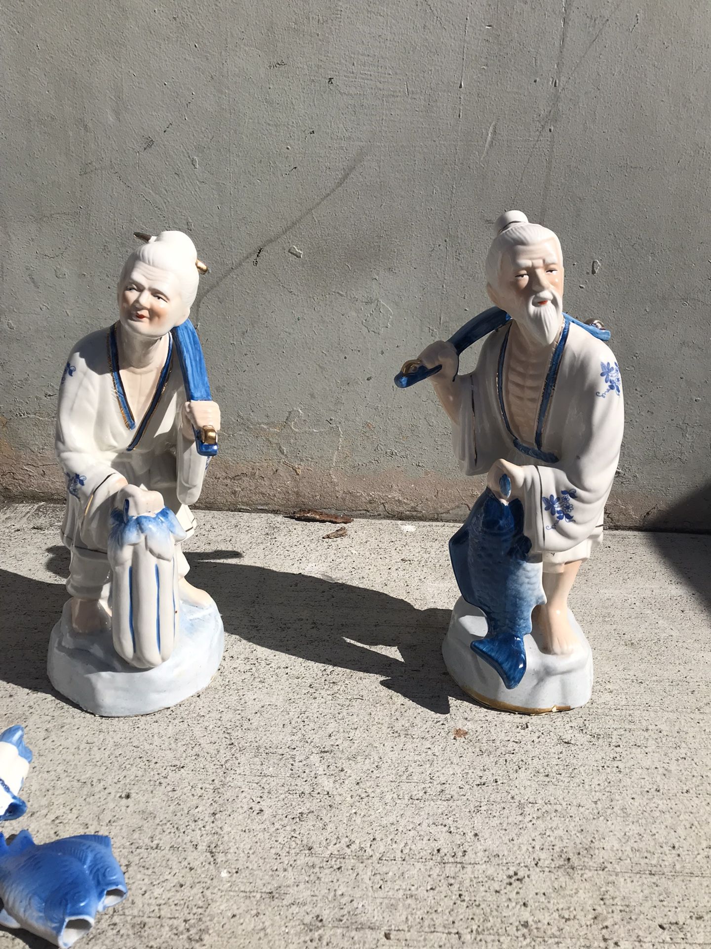 Delicate Porcelain Asian fisherman couple figurines large CIRCA 1970s