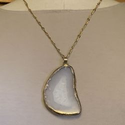 White Crystal Sliced Agate Pendant With A Brass Gold Plated Chain Necklace 