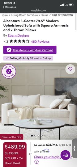 Wayfair Alcantara 3-seater Upholstered Sofa with Throw Pillows BRAND NEW