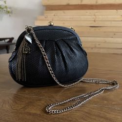 RHYTHM & RHYMES Vintage Black Snakeskin Leather KissLock Brass Chain Strap Bag