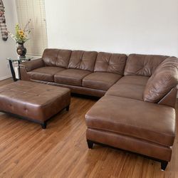 Brown Leather Sofa & Ottoman 