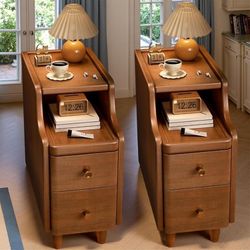 Narrow Nightstand with Drawers, Small Nightstand Solid Slim Wood Night Stand for Small Spaces, Mid Century Modern Slim Skinny Nightstands with Drawers