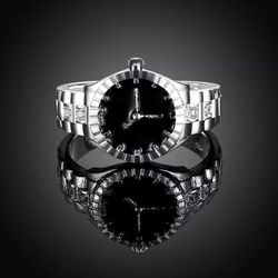 BRAND NEW IN PACKAGE WITH TAG LADIES 18K SILVER PLATED CRYSTAL CZ ZIRCON WATCH STYLE JEWELRY BLING RING SIZE 7