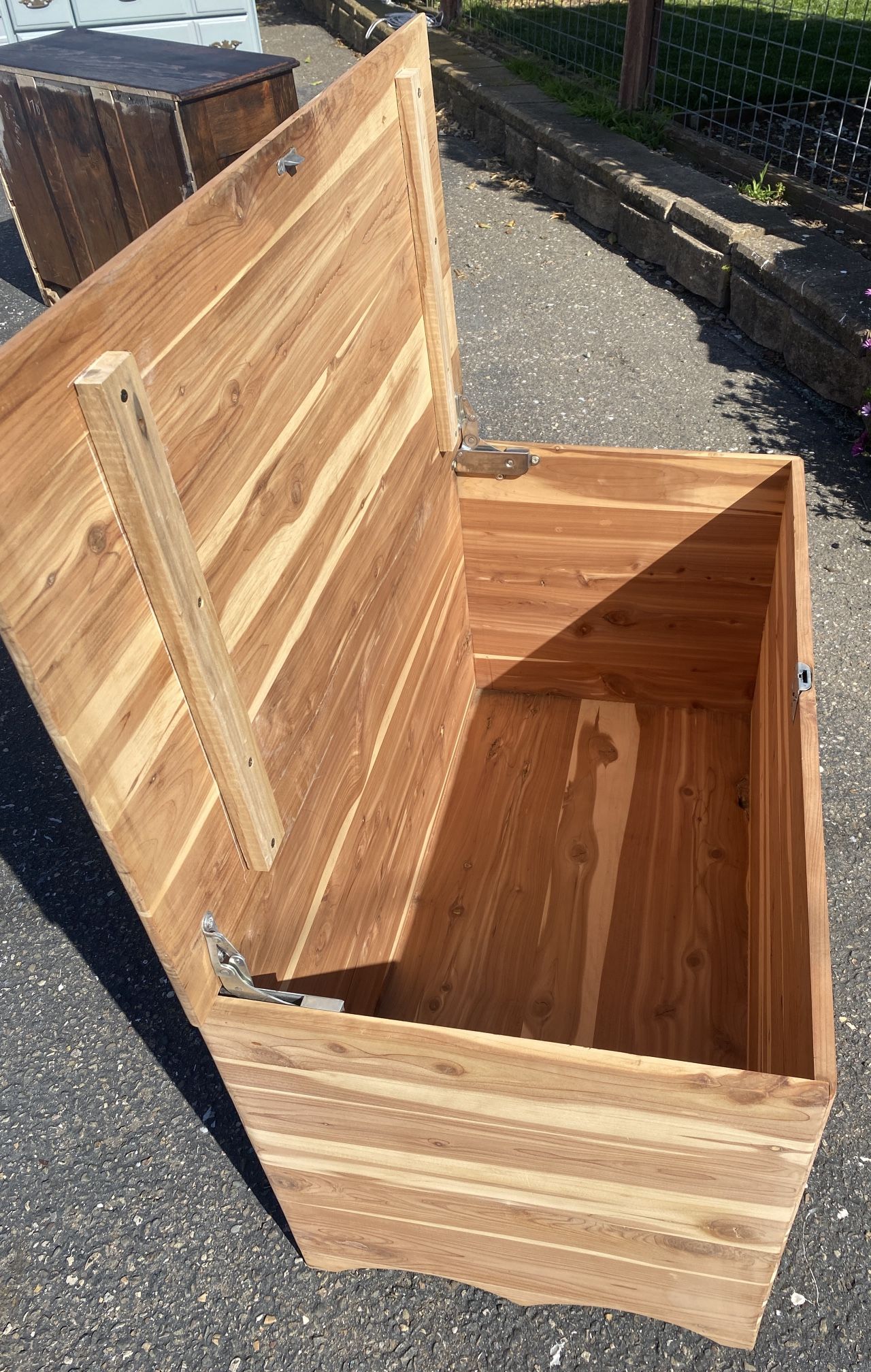 Solid cedar chest  22 x 41 x 25“ tall  I had to glue the top together as someone else obviously did at one point.  I the complete outside of this and 