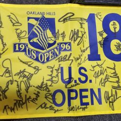 Tiher Woods Payne Stewart Jack Nicklaus Signed Us Open Flag