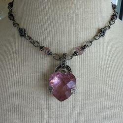 Vintage silver pink heart pendant beaded necklace 16.5”  In great condition 