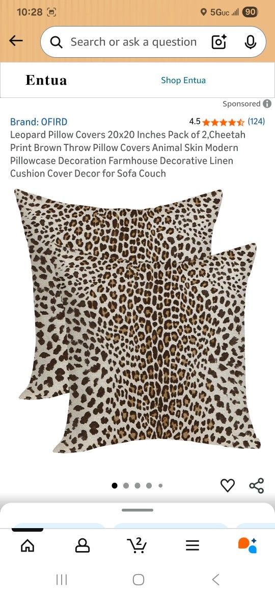 Set Of 2 Cheetah Print PILLOW CASES- 20"x20"