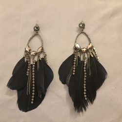 New. Windsor. Black Feather/diamonds/chains Dangle Earrings. 
