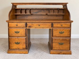Vintage Wood Secretary Desk with Hutch & 7 Drawers