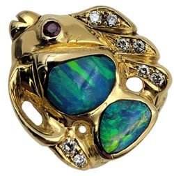 18k Yellow Gold Opal Ruby and Diamond ring.