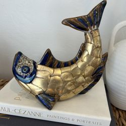 Vintage Brass Ceramic Hand Crafted Sculpture Fish Coastal Decor Collectible Fine Art Mexico Centerpiece 