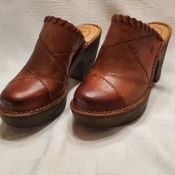 Born Michaela Clogs Leather Platform Mules Heels Patchwork  Retro Brown Shoes 8 M