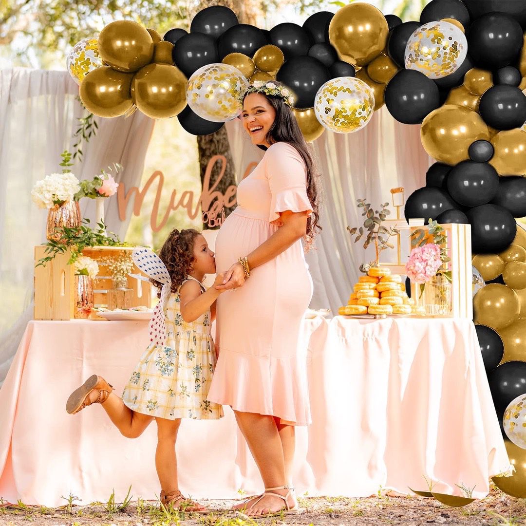 125Pcs Black and Gold Balloon Arch Garland Kit, White Gold Balloons Party Decorations with Tying Tool, Strip Tape, Dot Glue, Ribbon, Manual Pump 
