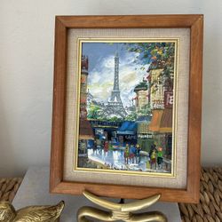 Vintage Original Oil Paris Eiffel Tower Street Scene Painting Signed Framed 10x9” Wall Hanging Art Mid Century 