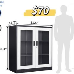 😀 Metal Storage Cabinet, Glass Cabinet Sideboard, Bookcase with Glass Doors, Curio Cabinet with 2 Adjustable Shelves, Lockable Metal Display Cabinet 