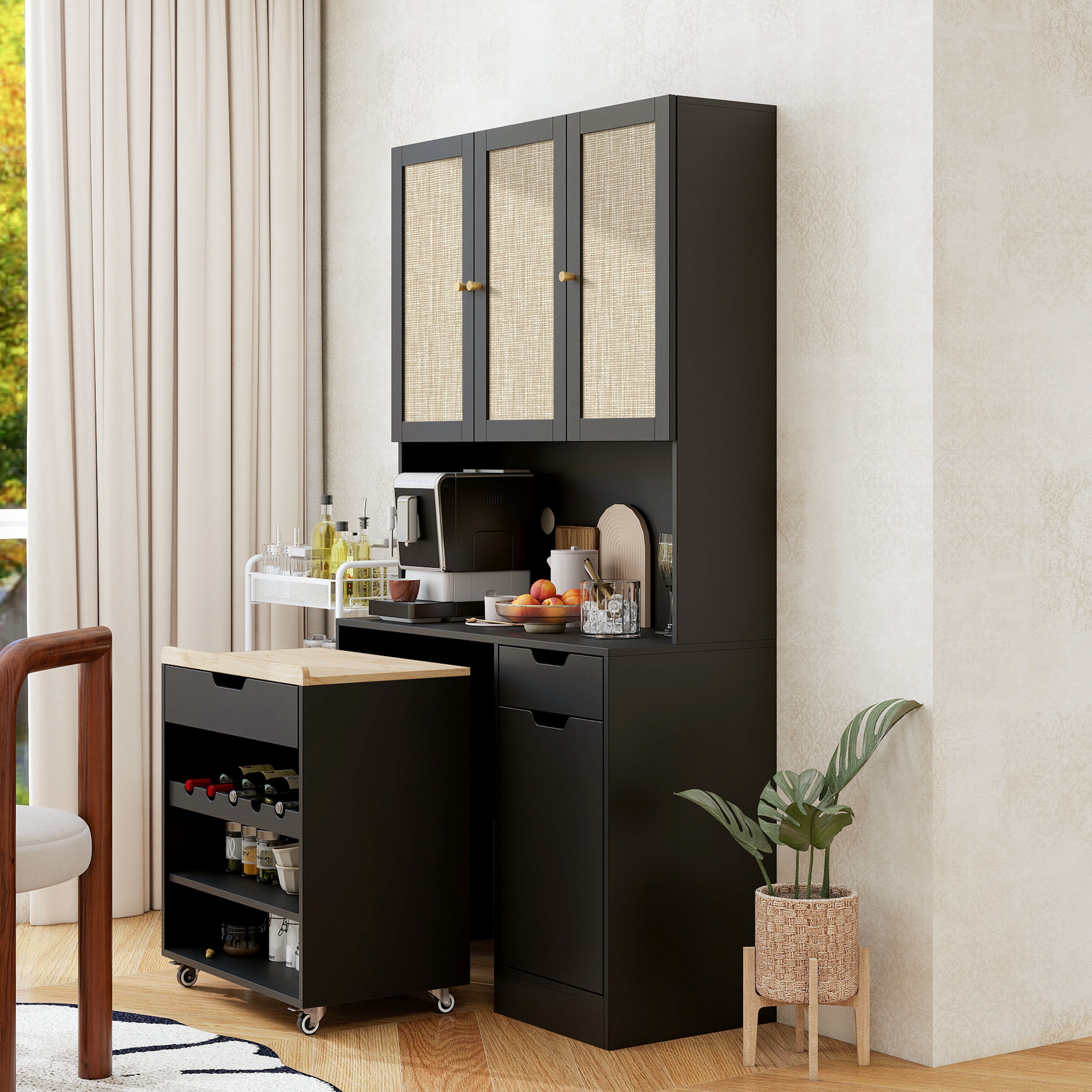 69.29 Kitchen Pantry Storage Cabinet, Modern Buffet Cabinet with Kitchen Cart, Tall Kitchen Hutch Cabinet with Microwave Stand, Food Pantry Cabinet wi