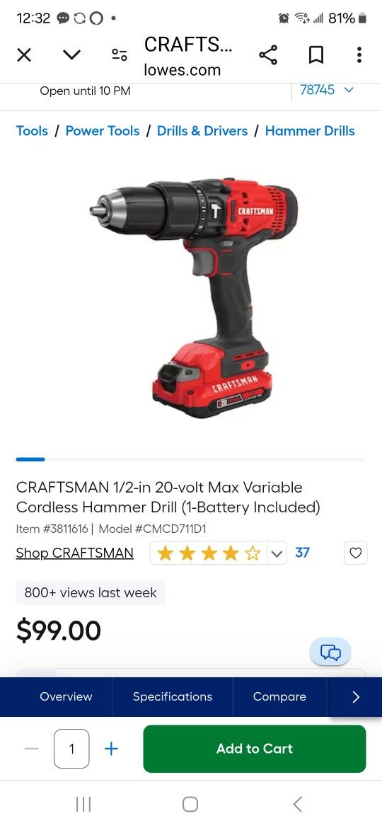 Craftsman Drill 1/2" 20volt Max