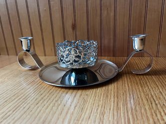 Silver-Tone Double Arm Candelabra with Filigree Center