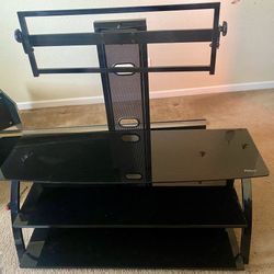 Two Flat Panel TV Console Stand With Glass Shelves, Black