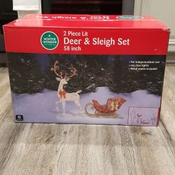 Brand New In 📦 Two Piece 58 Inch Tall Christmas Reindeer With Sleigh Set In UNOPENED Box 🦌🛷