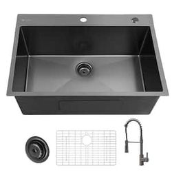 Glacier Bay
33 in. Drop-In Single Bowl 18 Gauge Gunmetal Black Stainless Steel Kitchen Sink with Black Spring Neck Faucet