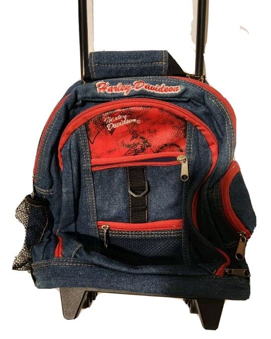 Vintage Harley Davidson Denim Backpack Luggage Rolling Small Book Bag Blue