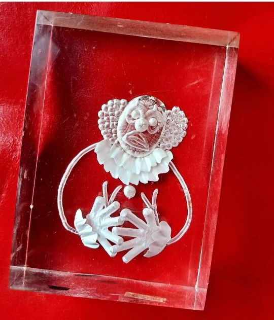 Vintage CLOWN carving In LUCITE Block ART Piece
