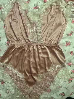 Small Women's One-Piece Pajamas Nightgown Contrast Lace Criss Cross Backless Satin Cami Romper : Baby Pink,