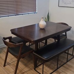 Mid-century Modern Dining Table + 2 Chairs + 2 Benches
