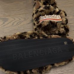 balenciaga furry leopard slides
