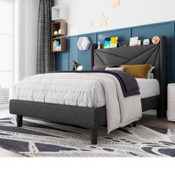 Feonase Twin Bed Frame, Upholstered Bed Frame with Charging Station, Wingback Storage Headboard, No Box Spring Needed, Noise-Free, Dark Gray