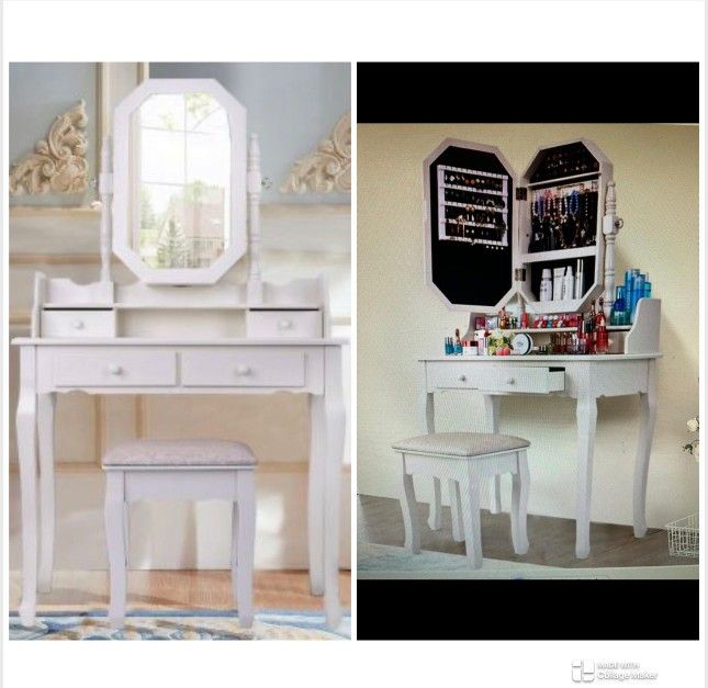 White Makeup Vanity With Built-in Jewelry Cabinet, NEW