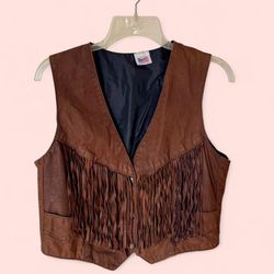 American Vintage Brown Fringe Real Leather Western Cow Girl Boho Vest, 2 front pockets - Size L