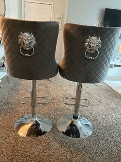 Pair of Grey Velvet Lion Head Bar Stools