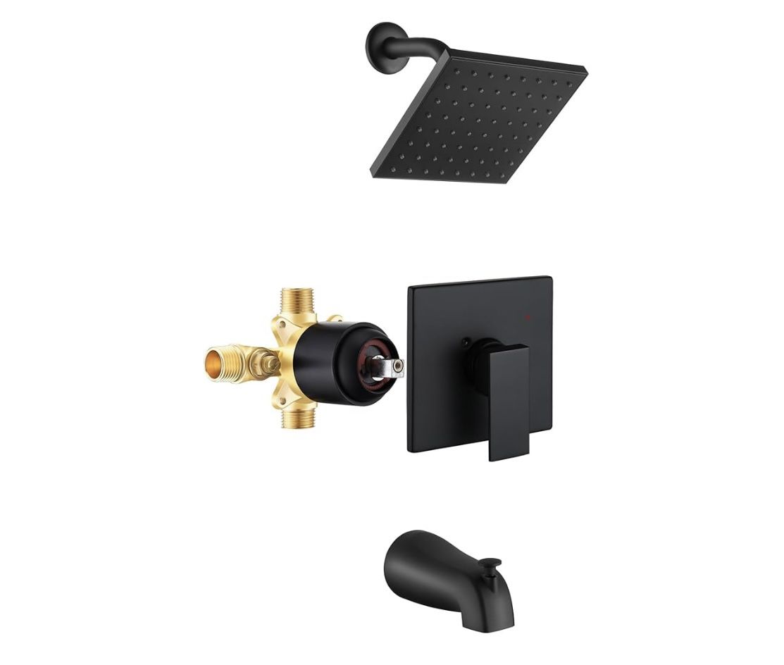 Esnbia Tub Shower Faucet Set (Valve Included) with 8-Inch Rain Shower Head and Tub Spout, Black Shower Head and Handle Set,Single-Handle Tub and Showe